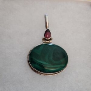 VTG LARGE MALACHITE PENDANT STERLING SILVER 925 2 IN DROP 1.5 IN WIDE